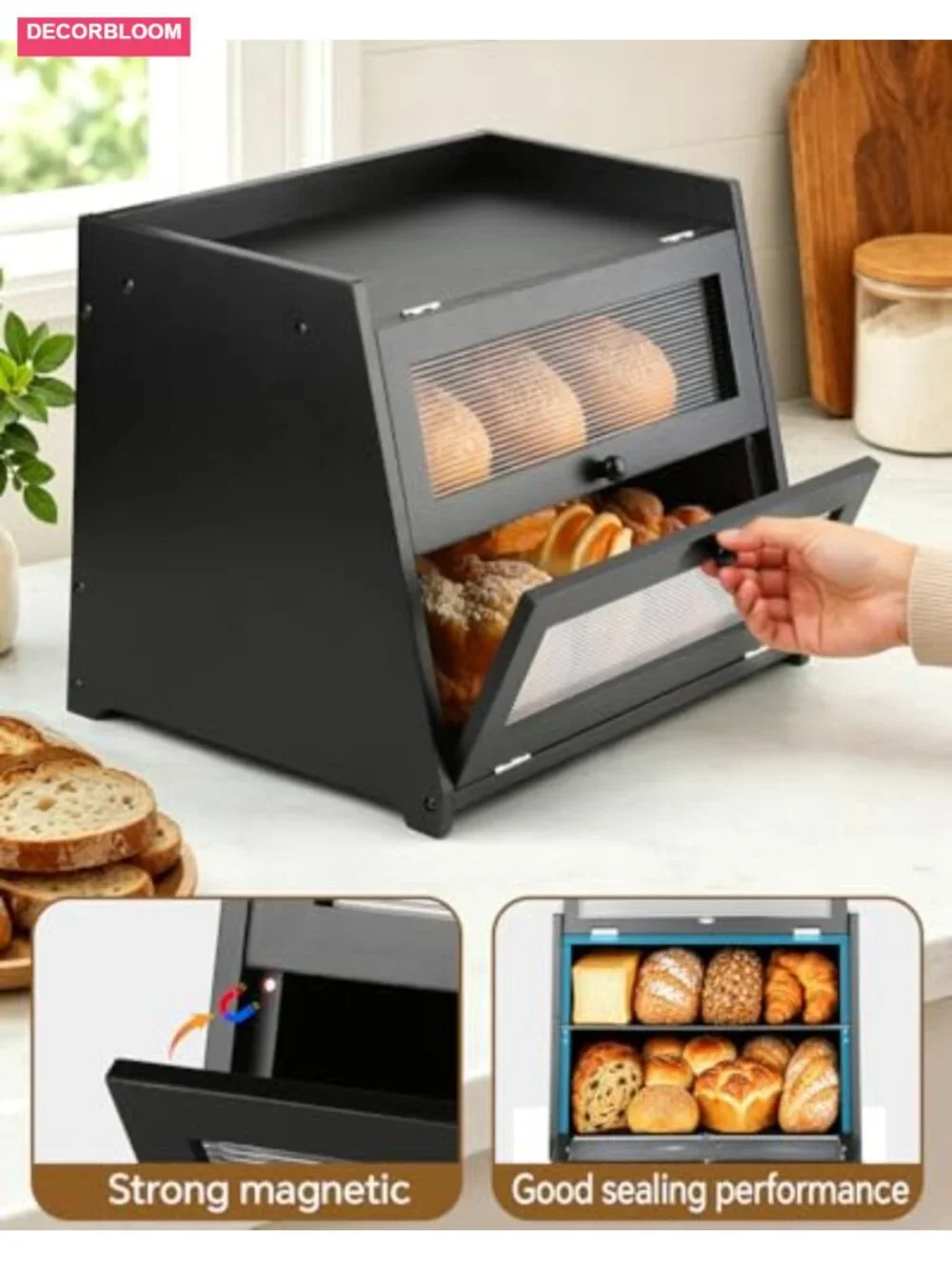 Double Layer Bread Box with Magnetic Acrylic Door, Countertop Food Storage
